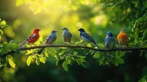 Colorful birds perched on branches