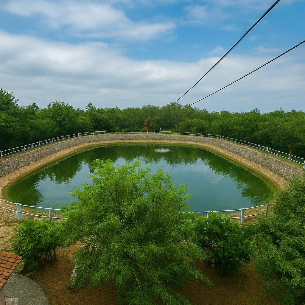 Aerial drone view of a serene lake surrounded by lush greenery